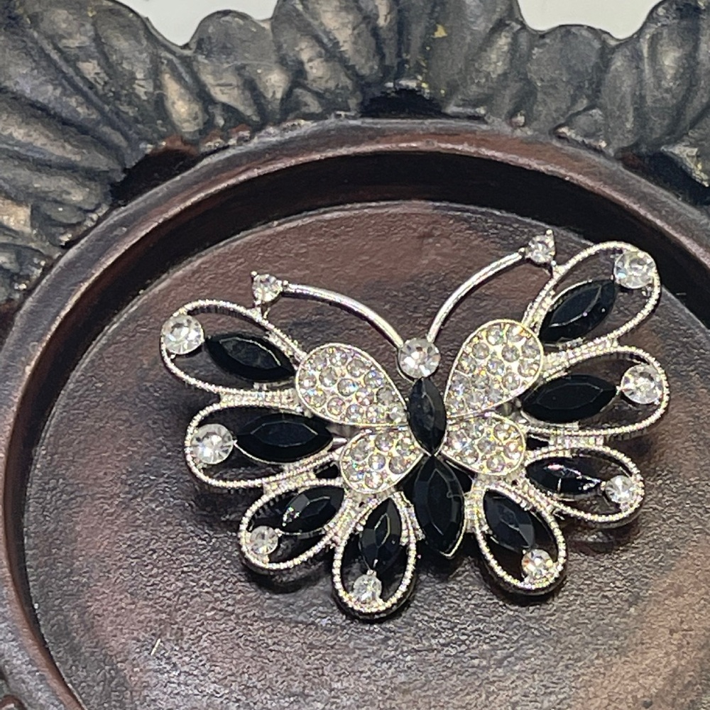 Chic Black and Silver Crystal Butterfly Brooch